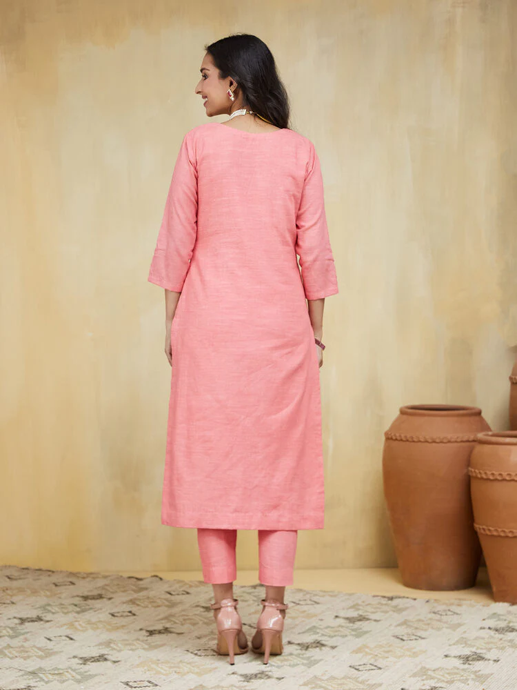 Apricot Embroidered Cotton Unstitched Suit Set - Image 4
