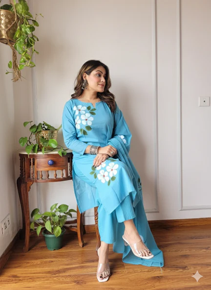BlueMoon Hand Painted Mul Cotton Stitched Suit Set - Image 3