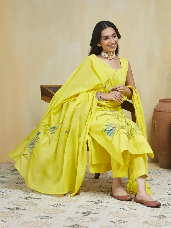 Citrus CrushHand Painted Cotton Unstitched Suit Set - Image 12