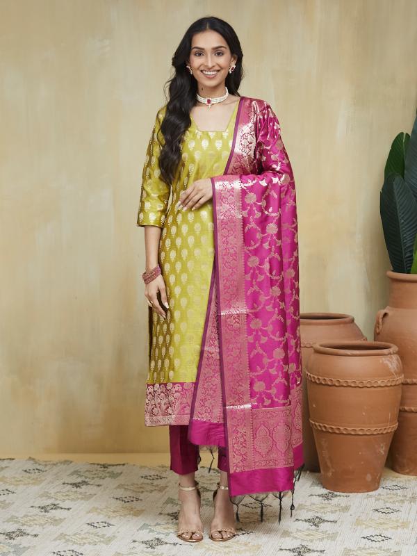 EOSS Emerald Yellow Banarsi Silk Stitched Suit - Image 18
