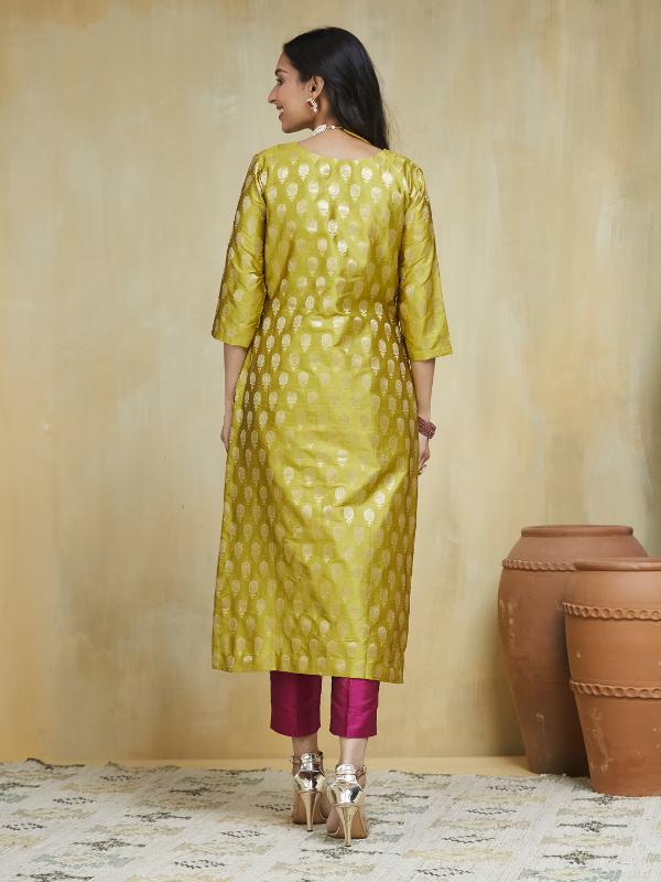 EOSS Emerald Yellow Banarsi Silk Stitched Suit - Image 20