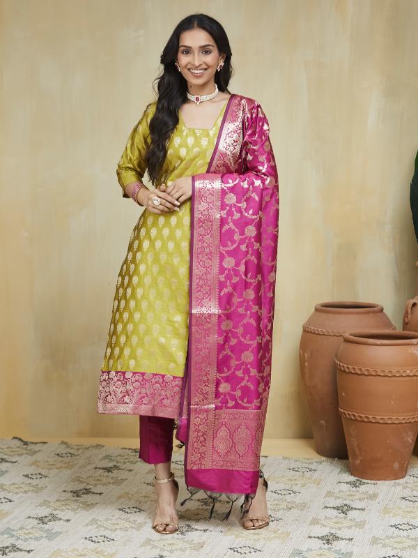 EOSS Emerald Yellow Banarsi Silk Stitched Suit - Image 3