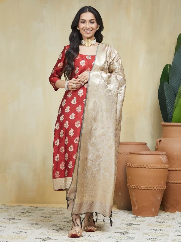 EOSS Creamy Maroon Banarsi Silk Stitched Suit - Image 2