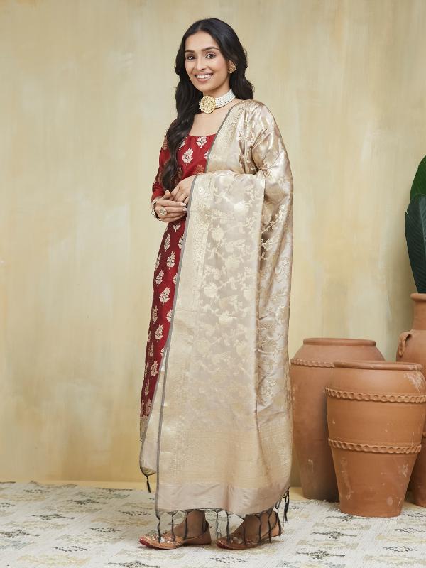 EOSS Creamy Maroon Banarsi Silk Stitched Suit - Image 7
