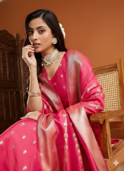 Pastel Pink Banarasi Silk Unstitched Suit - Image 3