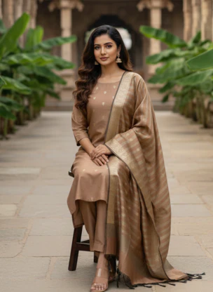 Soft Choco Banarsi Silk Unstitched Suit - Image 3