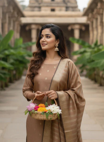 Soft Choco Banarsi Silk Unstitched Suit - Image 4