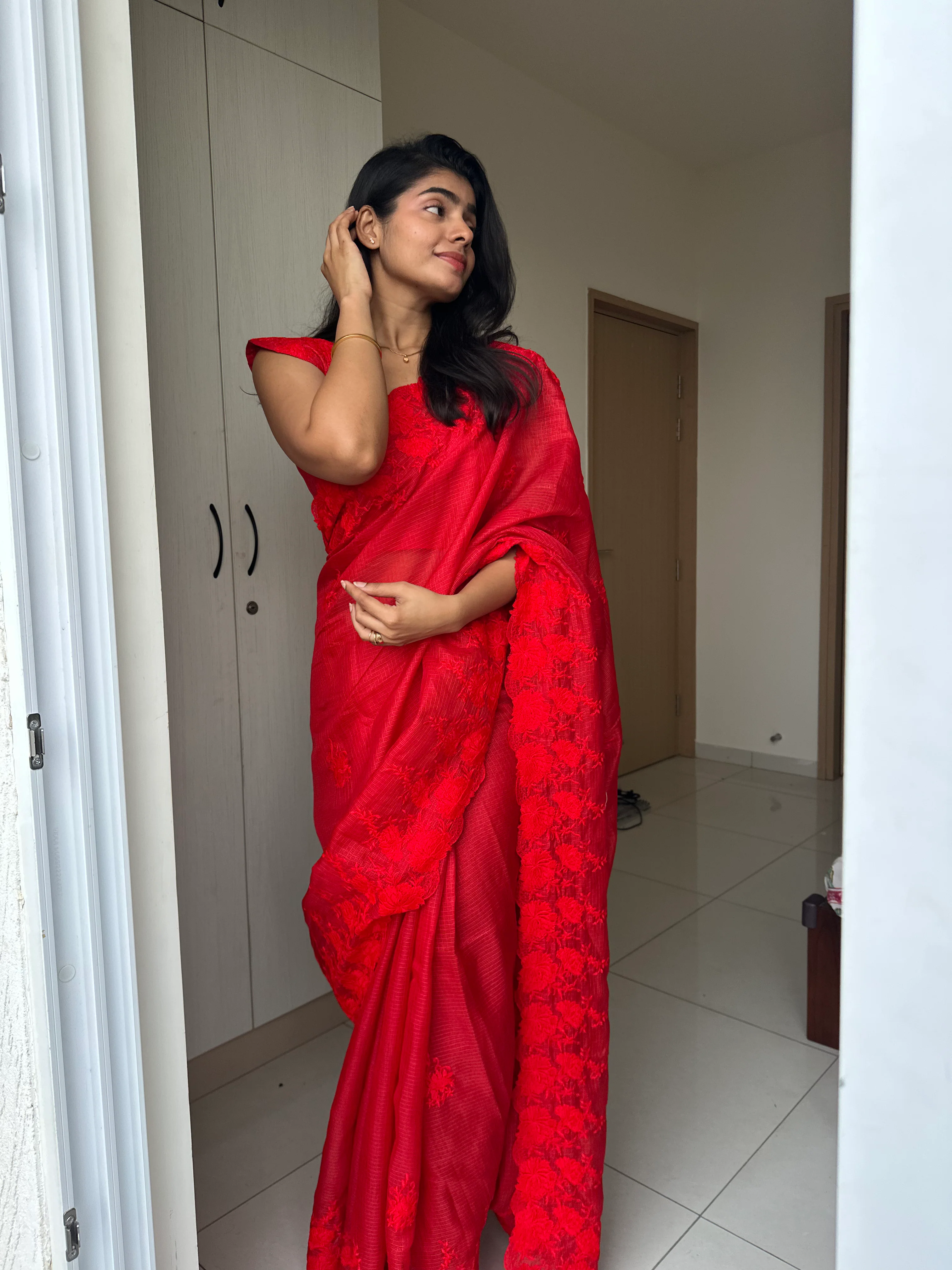 Taniya Cutwork Red Saree